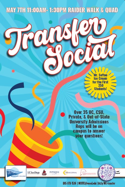 Annual Transfer Social on May 7th from 11:00AM - 1:30PM in the quad. Talk with University Admissions reps and free Mr. Softee to the first 250 students