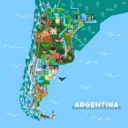 Illustrated map of Argentina with landmarks. Text on the bot