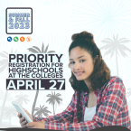Student holding a tablet in front of beach background with p Student holding a tablet in front of beach background with p