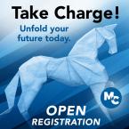 Take Charge! Unfold your Future today. MC logo. Open Registration.