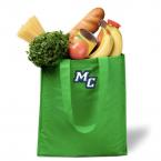 A shopping bag full of produce and groceries. The bag is green and has the athletic "MC" logo on it.