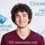 Moorpark College logo with a college student pictured in the center. Text that reads: Champion of Higher Education 2020 5th Consecutive Year