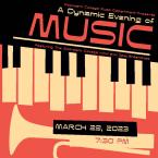 graphic piano and trumpet on red, yellow and black background with text Dynamic Evening of Music