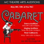 Auditions for Cabaret on red background. logo and 1920's lady in a chair