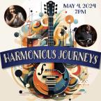 Harmonious Journeys. Guitar on colored background 