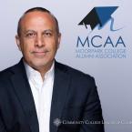 Mike Madrid, Moorpark College alumnus and 2024 Distinguished Alumni Award honoree, pictured with the Moorpark College Alumni Association and Community College League of California logos