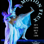 Motion Flux poster, photo of two dancers, text May 9 7:30pm May 10 2pm 7:30pm; QR code to buy tickets in bottom right corner