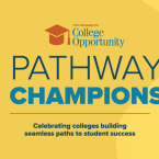 The Campaign for College Opportunity Pathway Champions Celebrating colleges building seamless paths to student success Yellow background with colorful geometric shapes to the right in a grid pattern