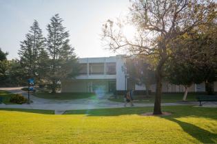 Campus building at sunrise.