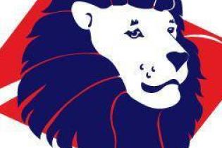 Lion logo in red and blue