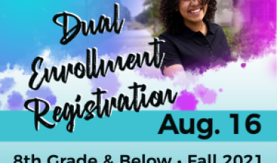 District college student smiling. Text that reads: Dual Enro District college student smiling. Text that reads: Dual Enro