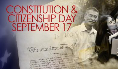 Collage featuring the U.S. constitution and an immigrant family celebrating college graduation. Text says "Constitution and Citizenship Day September 17"