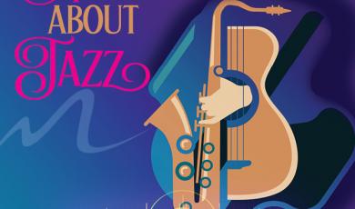 Graphic featuring half a guitar and a hand holding a saxaphone with text that reads: Moorpark College Performing Arts Presents All About Jazz learn more: https://bit.ly/MC-music1