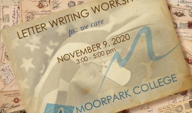Graphic with old letters, an overlay of the american flag and dog tags, with text that reads: Letter Writing Workshop. P.S. We Care. November 9, 2020 3:00-5:00pm 