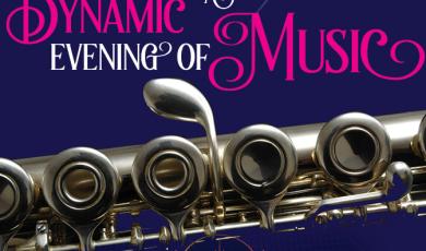 Graphic featuring an up close view of a flute and text that reads: Moorpark College Performing Arts Presents A Dynamic Evening of Music. Learn more: https://bit.ly/MC-music1