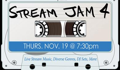 Graphic of an audio cassette tape with text that reads: Moorpark College Music Technology Program presents Stream Jam 4 Thurs. Nov 19 @ 7:30pm Live stream music, diverse genres, DJ sets, more. Join us: twitch.tv/McMusicTech