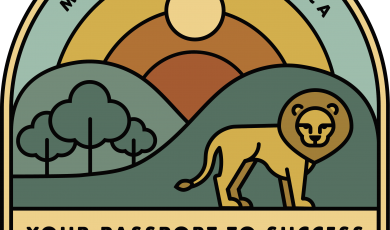 Illustrated patch featuring a lion, trees, a rainbow, and text that reads: Moorpark College, CA Your Passport to Success Career Week 2021