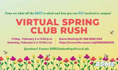 Illustrated flowers and bees with text that reads: Virtual Spring Club Rush Friday, February 5 at 5pm and Saturday February 6 at 10am