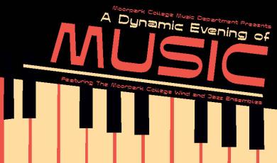 graphic piano and trumpet on red, yellow and black background with text Dynamic Evening of Music