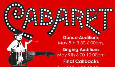 Auditions for Cabaret on red background. logo and 1920's lady in a chair