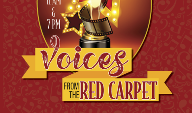 Voices from the Red Carpet Red background with Oscar statue and starts