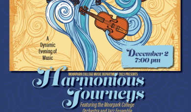 Harmonious Journeys, floating instruments on blue and yellow background