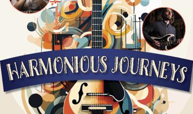 Harmonious Journeys. Guitar on colored background 
