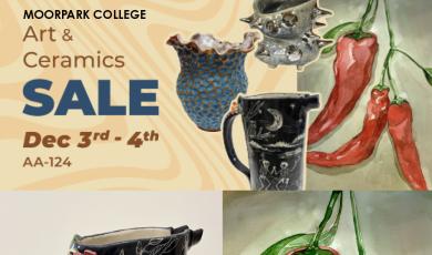 Student Art and Ceramics Sale Sowing a painting of red peppers and a clack coffee mug