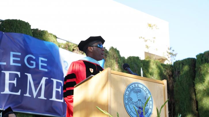 Moorpark College interim president Dr. Julius Sokenu delivers a speech during the 2019 Commencement.