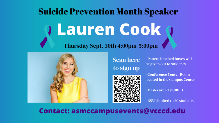 Suicide Prevention Month Speaker Lauren Cook on September 30 at 4pm