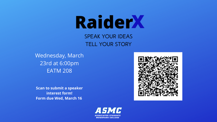 RAIDERx student talks on March 23 in EATM-208 at 6:00pm.
