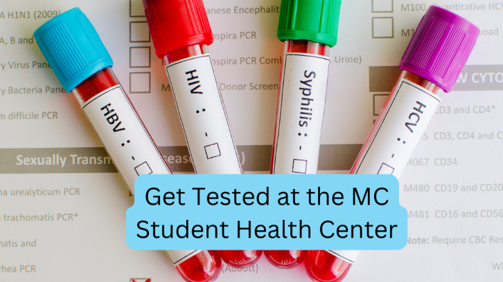 STI test tubes. Text reads: Get tested at the MC Student Health Center