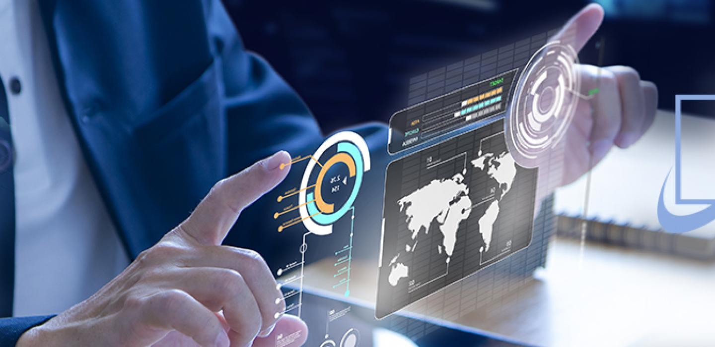 hands holding virtual monitor showing data science elements