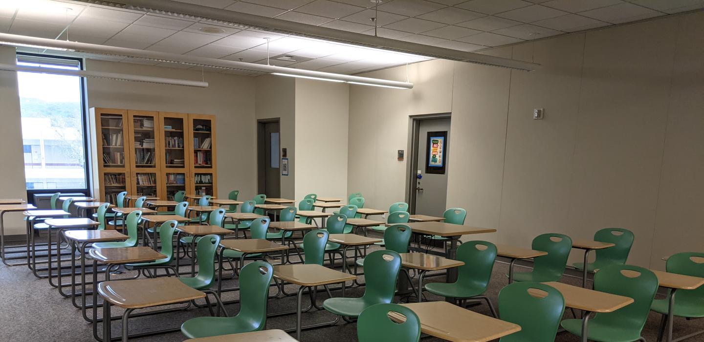 Empty classroom desks located in Moorpark COllege Testing Center