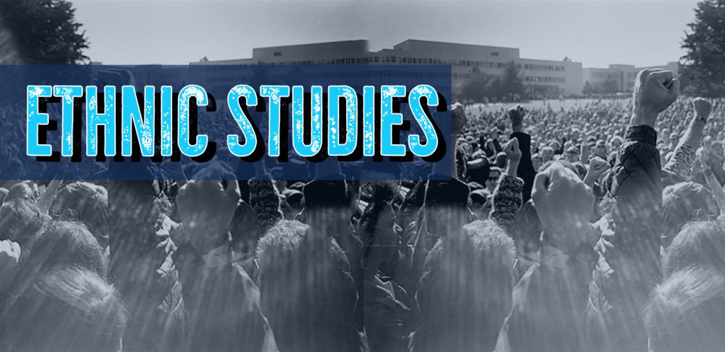 fists in the air with ethnic studies in blue