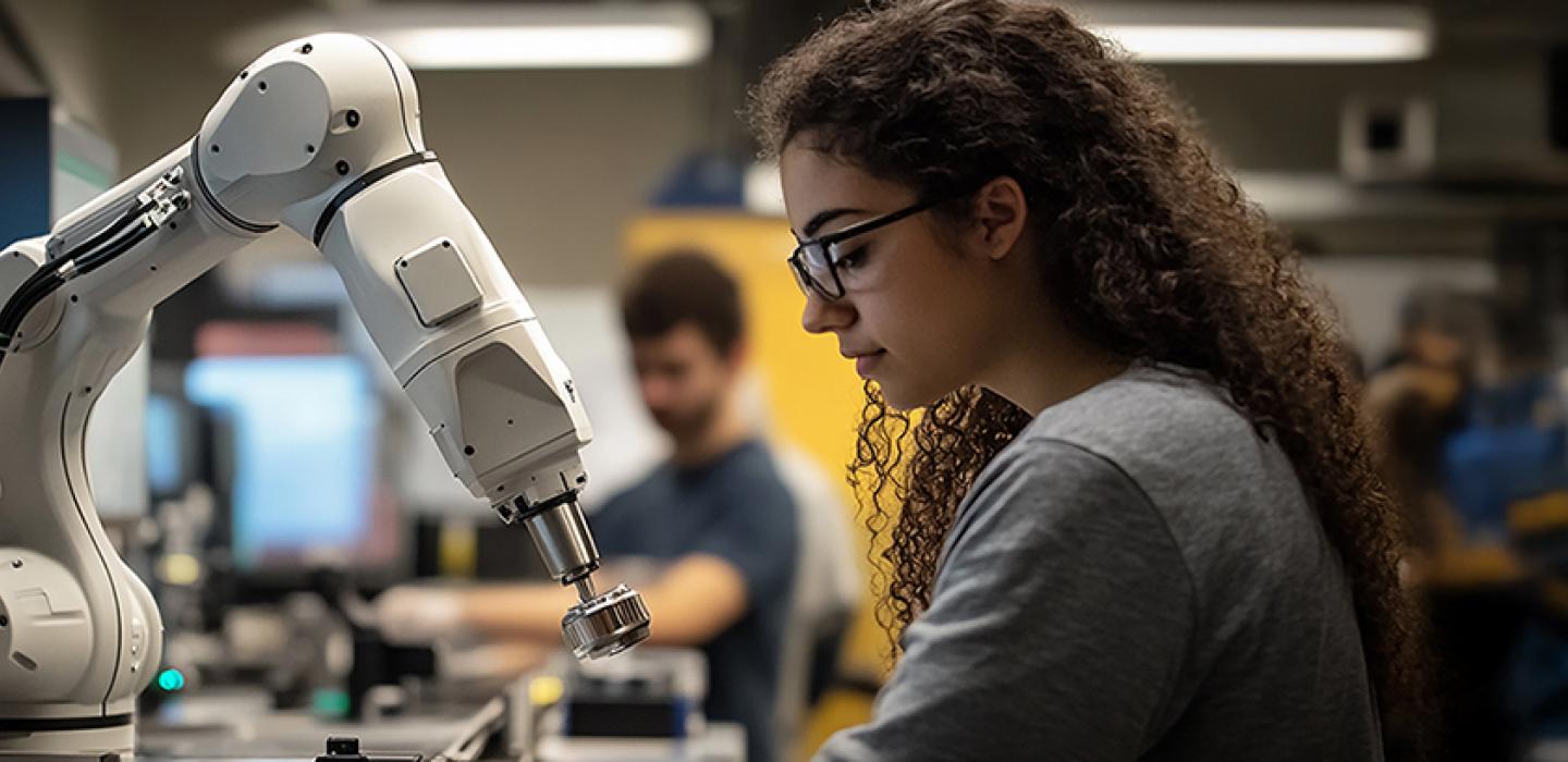 woman working on a robotic arm