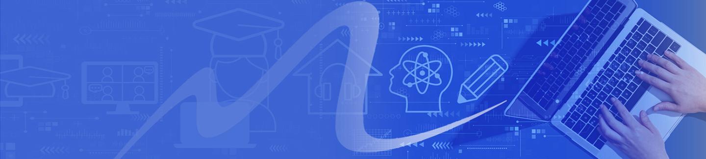 Blue background with educational icons and computer