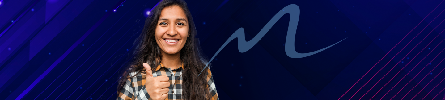 Young gal giving thumbs up and futuristic background