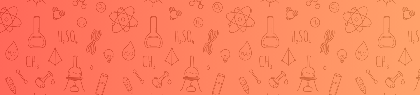 Gradient from red to orange with science icons behind it