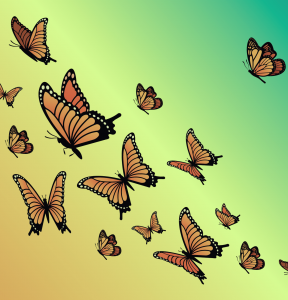 Several butterflies flying upward on a desaturated yellow an