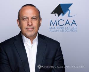 Mike Madrid, Moorpark College alumnus and 2024 Distinguished Alumni Award honoree, pictured with the Moorpark College Alumni Association and Community College League of California logos